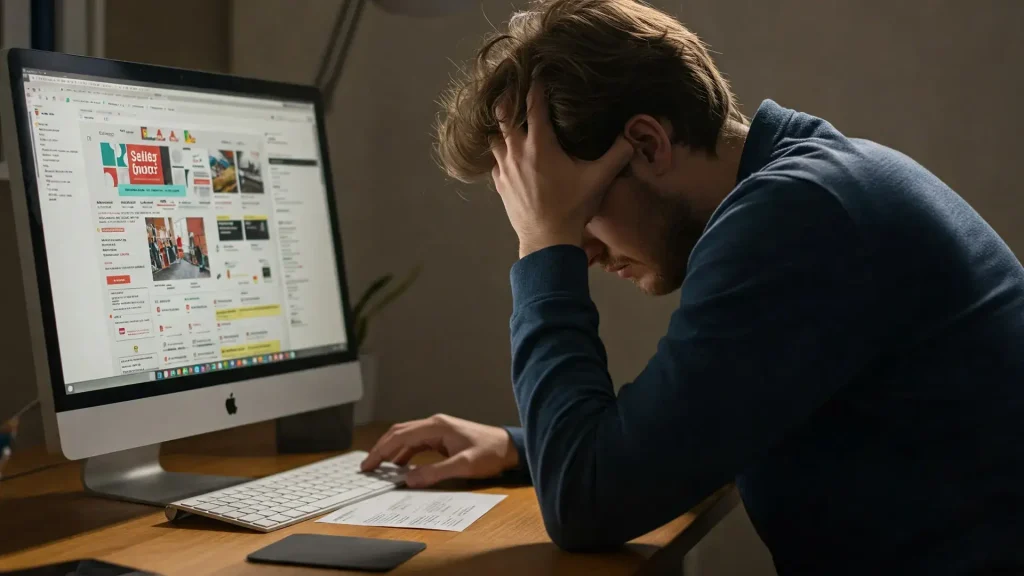 user with heads in hands at a keyboard