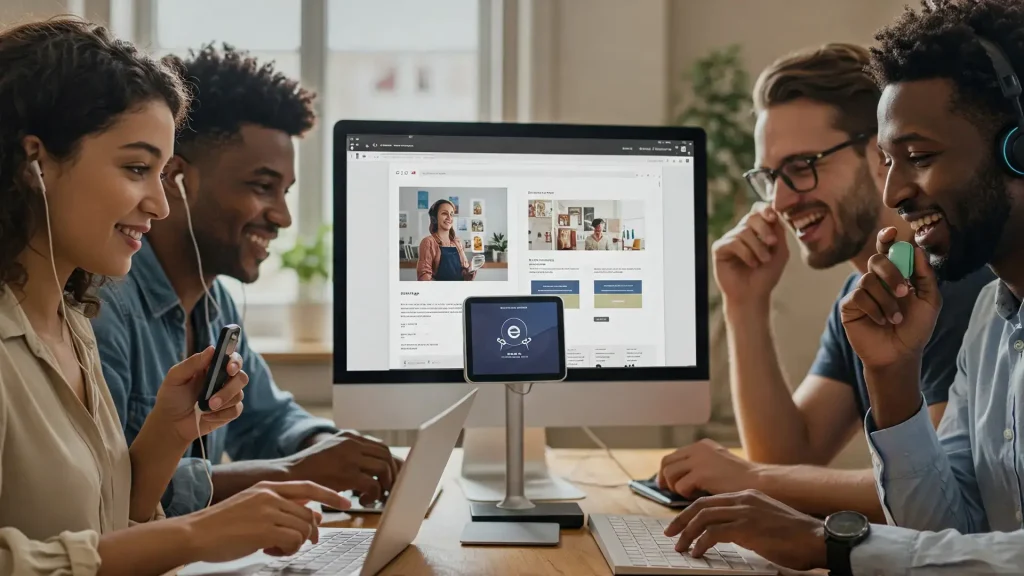 group using technology to make a podcast